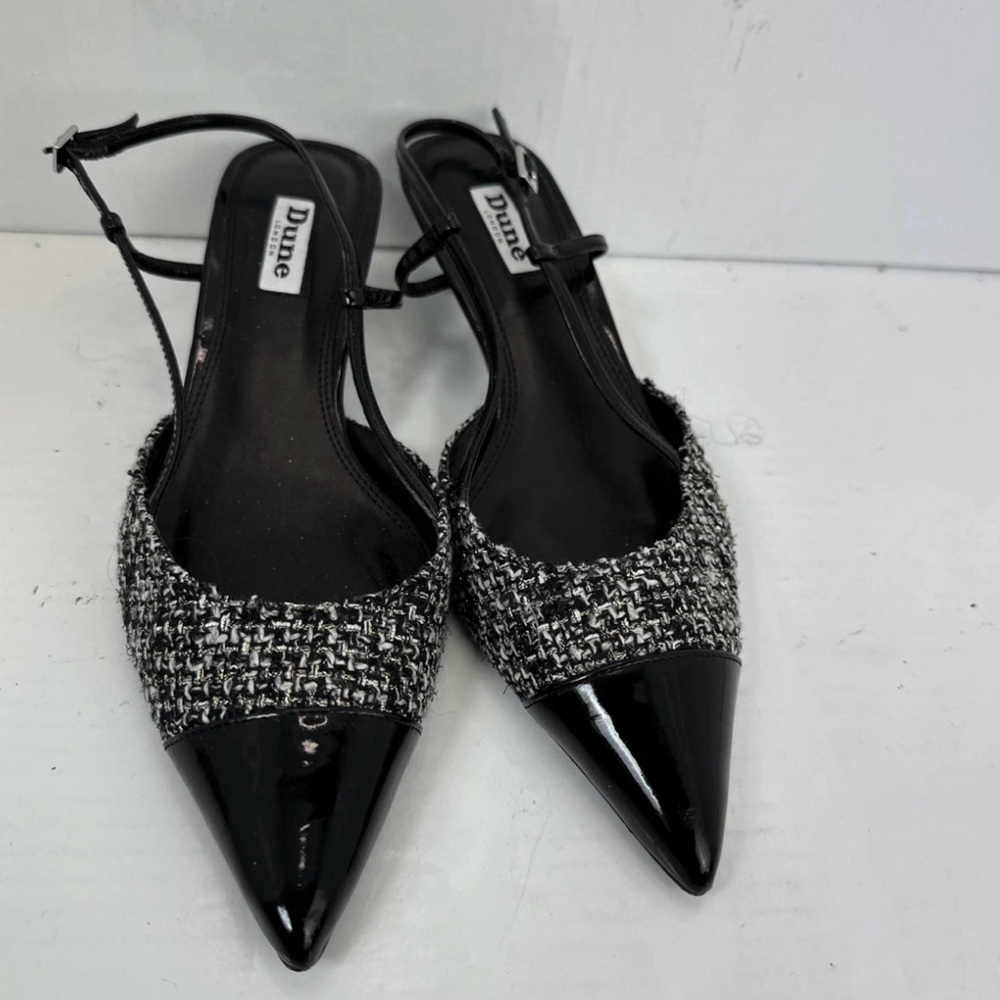Dune London Black Tweed and Patent Pointed Slingback Flats